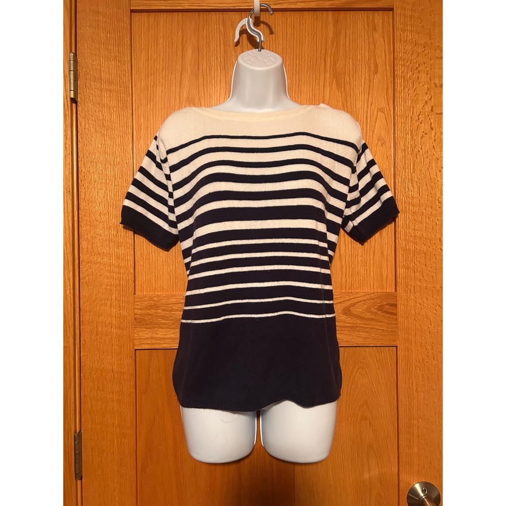 Vintage White Stag Women Large Nautical Striped Short Sleeve Knit Top Navy Cream